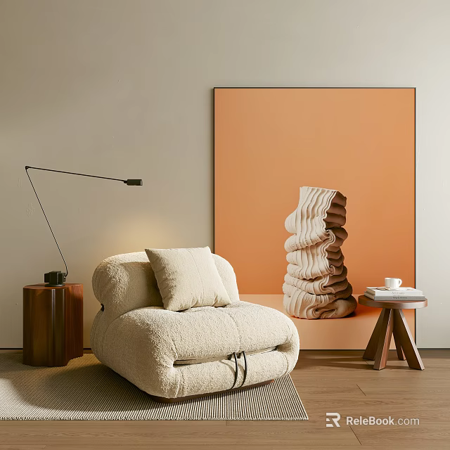 Cozy Beige Single Sofa With Orange Wall Art Floor Lamp And Wooden Side Table 3d model 