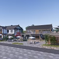 Scenic Traditional Guesthouse Building With Courtyard Outdoor Umbrellas Seating Greenery And Stone Pavement