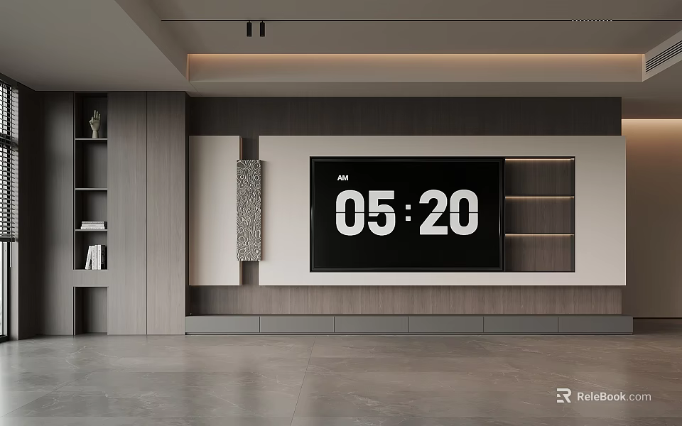 Modern TV Wall Design With Wooden Panels Storage Shelves And Large Screen TV 3d model 