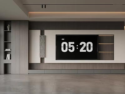 Modern TV Wall Design With Wooden Panels Storage Shelves And Large Screen TV 3d model