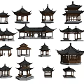 Traditional Chinese Pavilion Models With Various Wooden Structures And Black Roofs