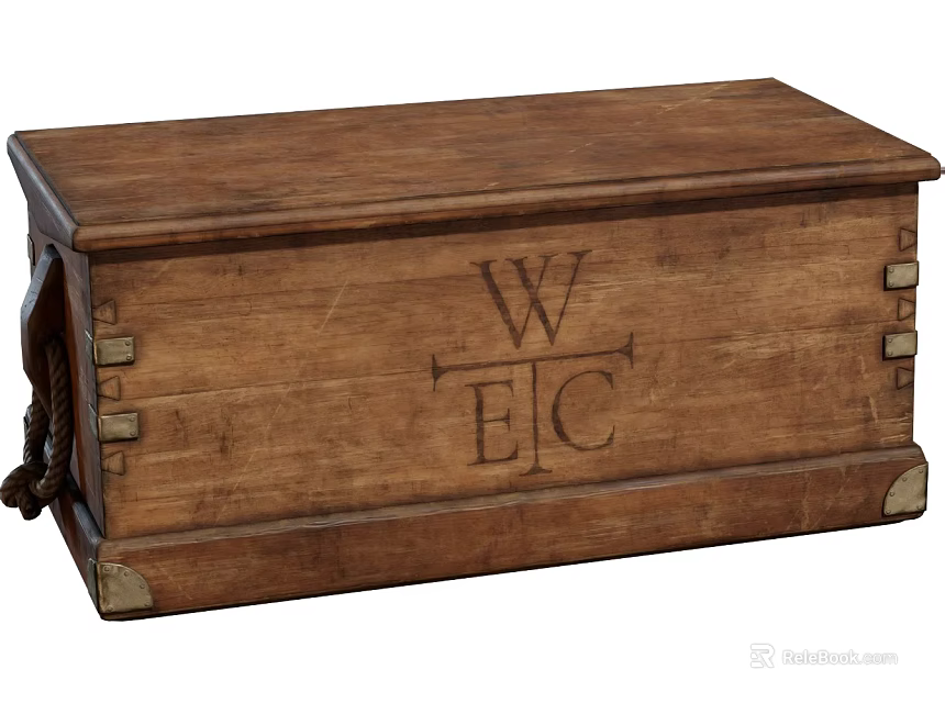 Vintage Wooden Trunk With Carved WEC Letters Rope Accents And Metal Corners 3d model 