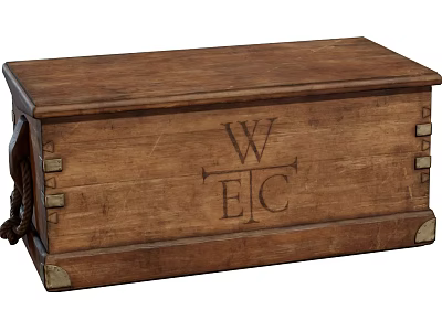 Vintage Wooden Trunk With Carved WEC Letters Rope Accents And Metal Corners 3d model