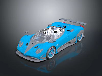 Blue Supercar With Open Top Transparent Cockpit Rear Wing And Blue Wheels 3d model