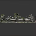 Cartoon Scene of Traditional Japanese Village with Thatched Roof Houses and Green Trees
