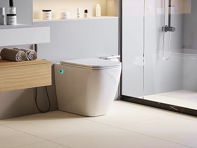 Modern White Smart Toilet in Bathroom with Wooden Vanity and Glass Shower 3d model