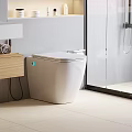 Modern White Smart Toilet in Bathroom with Wooden Vanity and Glass Shower
