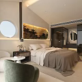 Modern Hotel Guest Room With King Size Bed Green Armchair Round Mirror And Decorative Painting