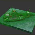 Detailed Red Dredger Model Showcased On Blue Water Platform With Machinery