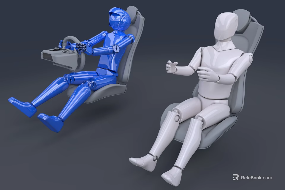 Blue And White Mannequins Seated In Car Seats For Automotive Safety Testing 3d model 