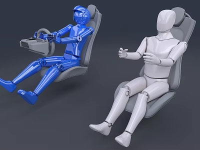 Blue And White Mannequins Seated In Car Seats For Automotive Safety Testing 3d model