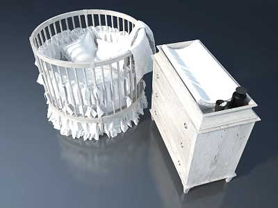 White Wooden Pet Cabinet With Round Pet Bed And Drawer Storage 3d model