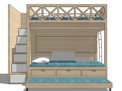 Modern Wooden Bunk Bed With Stairs And Storage Drawers For Small Bedroom 3d model
