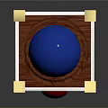 Wooden Cube Device with Blue Sphere Top Yellow Corners Red Dot and White Edge Lines