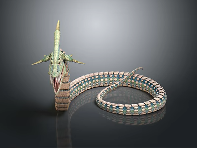 Green Horned Snake With Open Mouth And Coiled Blue White Patterned Body In Reflective Background 3d model