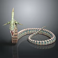 Green Horned Snake With Open Mouth And Coiled Blue White Patterned Body In Reflective Background