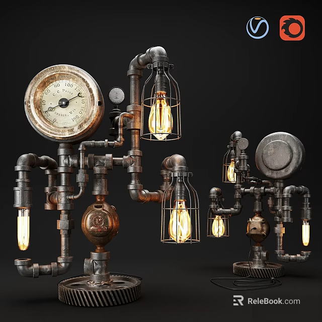 Steampunk Industrial Table Lamps With Metal Pipes Gears Cage Shades And Gauge 3d model 