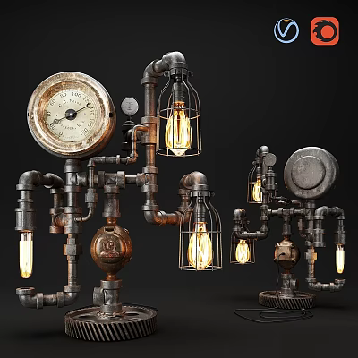 Steampunk Industrial Table Lamps With Metal Pipes Gears Cage Shades And Gauge 3d model