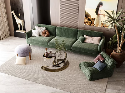 Modern Living Room With Green Sofa Round Coffee Table Armchair Throw Pillows And Floor Plant 3d model