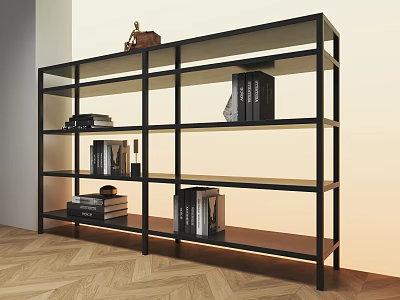 Modern Black Multi Layered Shelving Unit with Books and Decor in Light Room 3d model