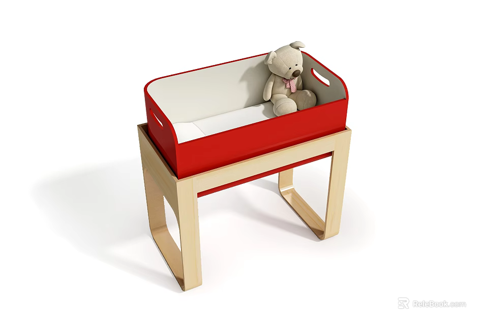 Red And Beige Baby Crib With Wooden Frame And Teddy Bear On Top 3d model 