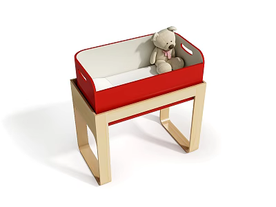 Red And Beige Baby Crib With Wooden Frame And Teddy Bear On Top 3d model
