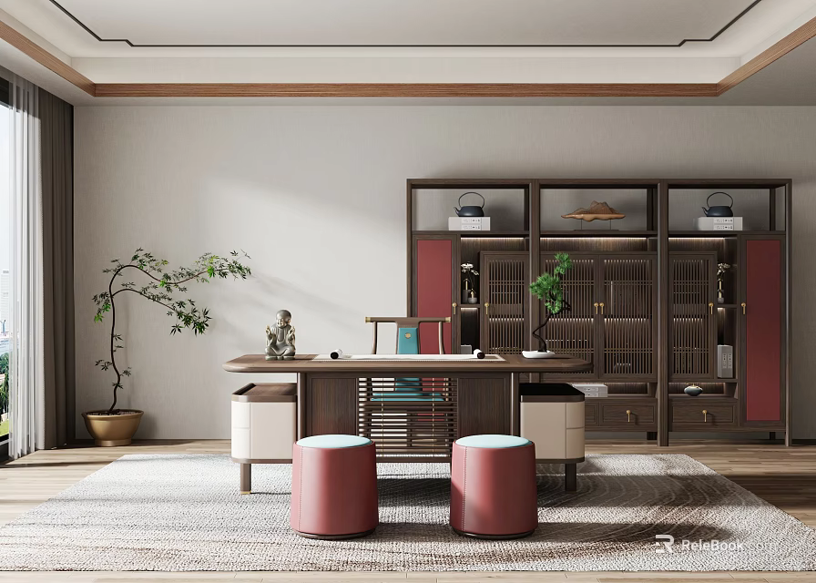Traditional Chinese Study Room Interior With Wooden Desk Chair Bookshelf Potted Plant And Rug 3d model 