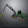 Green Wheeled Vehicle With Long Arm And Grabber Attachment For Material Handling