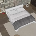 Double Bed In Cozy Bedroom With Gray White Quilt Bedside Table And Wooden Floor