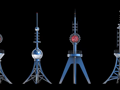 Various Industrial Equipment Tower Structures With Metal Frames And Spherical Components 3d model