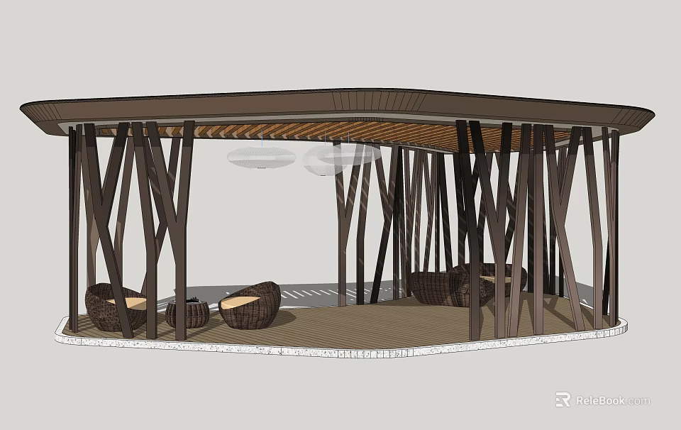 Curved Wooden Pergola Design With Wicker Seats For Outdoor Leisure Space 3d model 