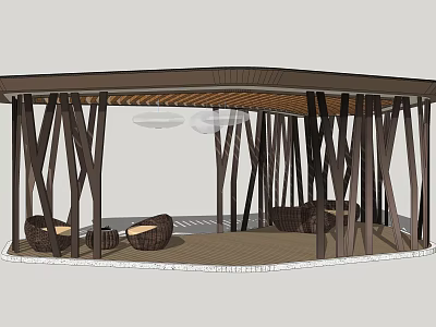Curved Wooden Pergola Design With Wicker Seats For Outdoor Leisure Space 3d model