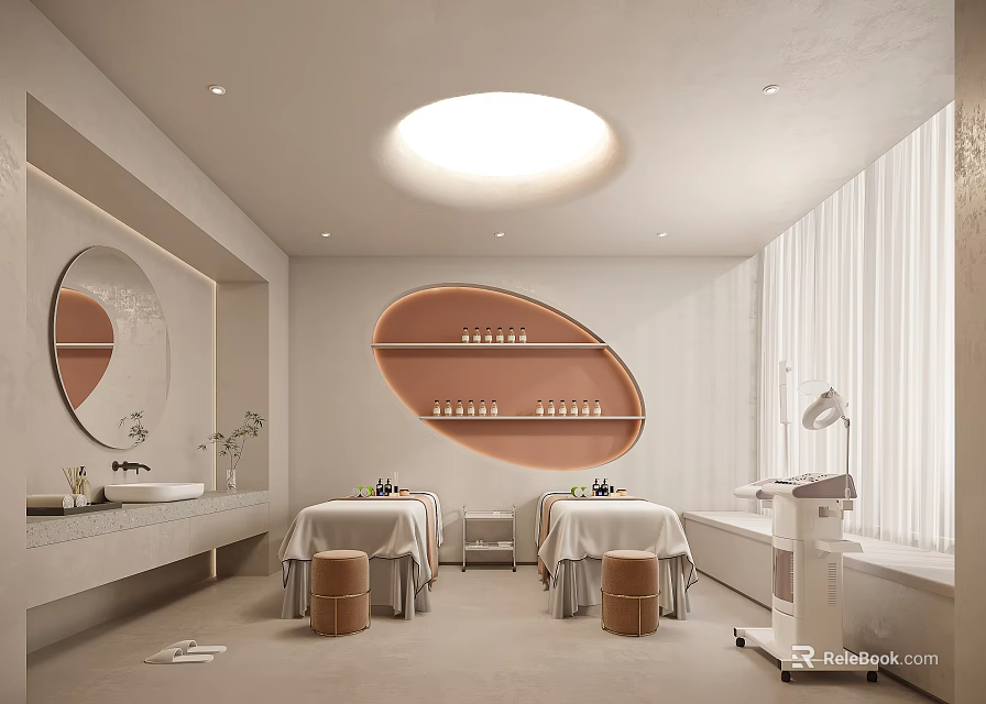 Modern SPA Sauna Interior Design With Massage Beds Round Mirror And Therapy Equipment 3d model 