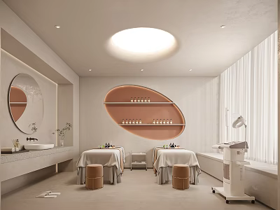 Modern SPA Sauna Interior Design With Massage Beds Round Mirror And Therapy Equipment 3d model