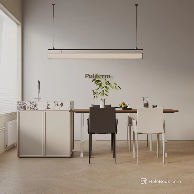 Poliform Dining Set with Wooden Table Black White Chairs White Side Cabinet Pendant Light Plant 3d model 