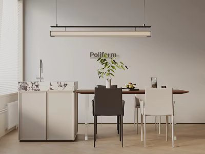 Poliform Dining Set with Wooden Table Black White Chairs White Side Cabinet Pendant Light Plant 3d model