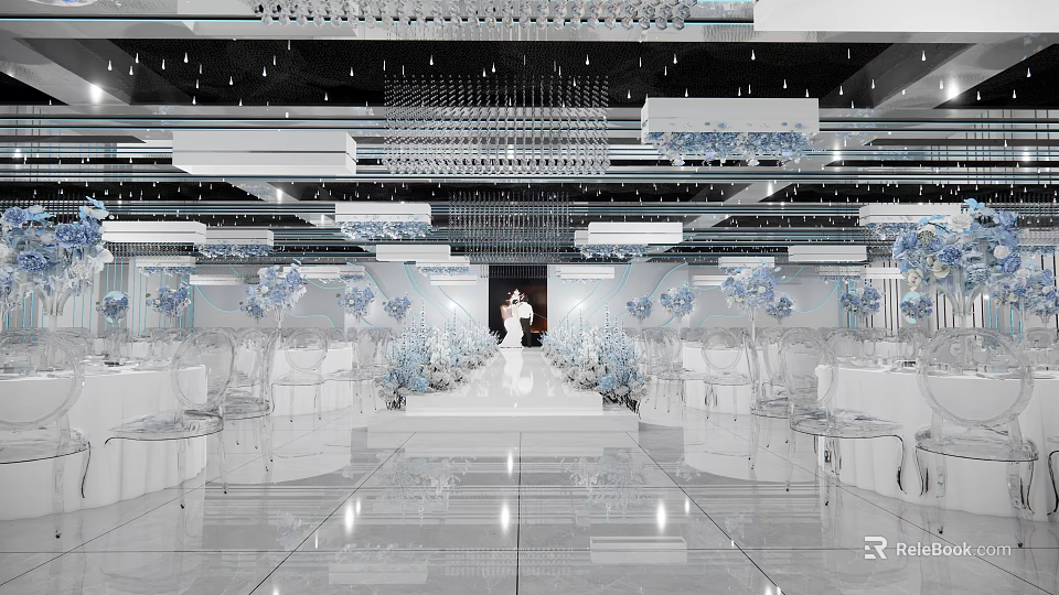 Elegant Banquet Hall Interior With Crystal Chandeliers White Chairs And Blue Floral Decor 3d model 