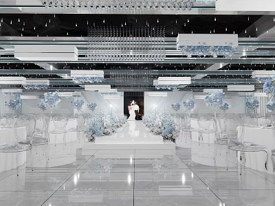 Elegant Banquet Hall Interior With Crystal Chandeliers White Chairs And Blue Floral Decor 3d model