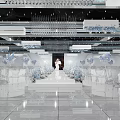 Elegant Banquet Hall Interior With Crystal Chandeliers White Chairs And Blue Floral Decor