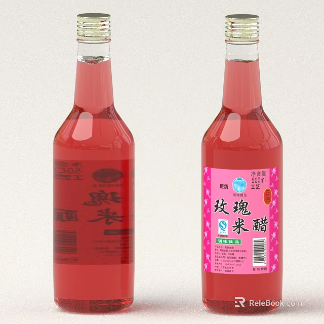 Red Rose Rice Vinegar in Clear Glass Bottles with Pink Labels and Red Liquid 3d model 