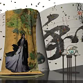 Traditional Costume Beauty Near Open Ancient Book With Private Dishes And Falling Leaves