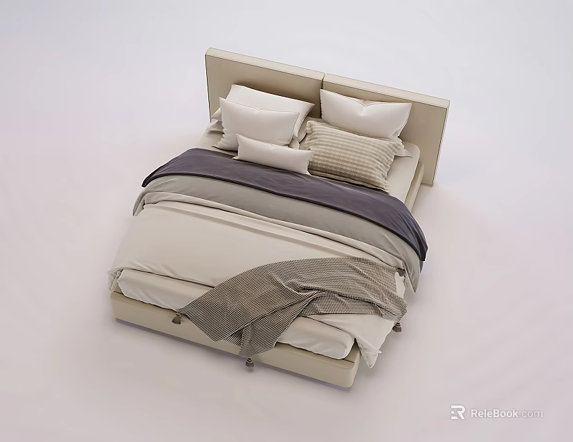 Modern Double Bed with Beige Sheets Striped Pillows and Cozy Blanket 3d model