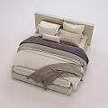 Modern Double Bed with Beige Sheets Striped Pillows and Cozy Blanket 3d model