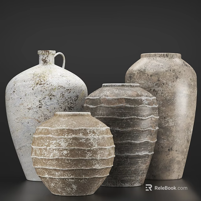 Rustic Ceramic Vessels With Handcrafted Textures Assorted Shapes And Neutral Tones 3d model 