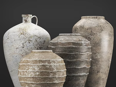 Rustic Ceramic Vessels With Handcrafted Textures Assorted Shapes And Neutral Tones 3d model