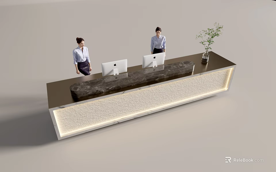 Elegant Front Desk Reception with Staff Computers and Potted Plant on Modern Counter 3d model 