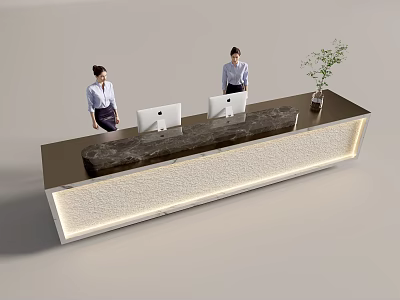 Elegant Front Desk Reception with Staff Computers and Potted Plant on Modern Counter 3d model