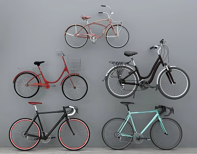 Different Style Bicycles in Various Colors Mounted on Gray Wall 3d model