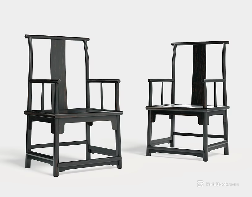 Pair of Traditional Chinese Style Dark Wood Armchairs With Minimalist Design 3d model 