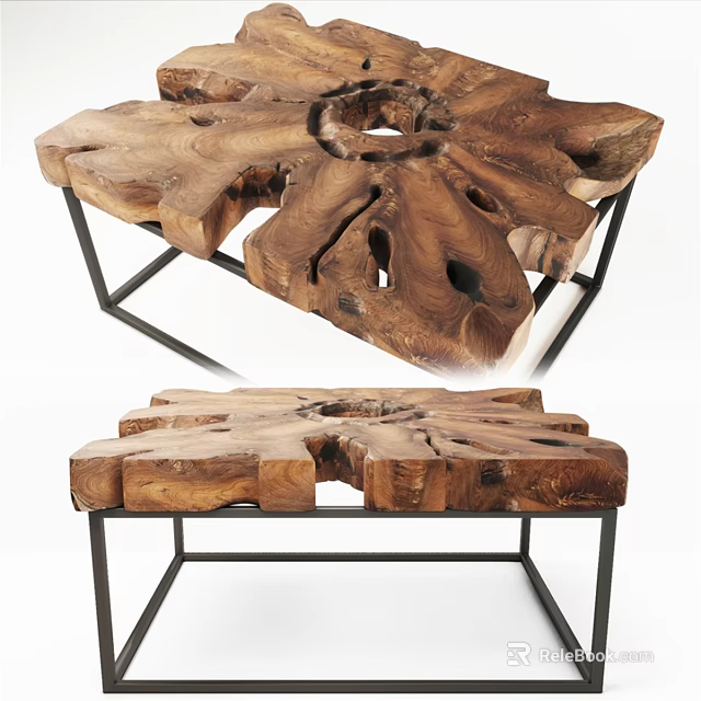 Natural Wooden Dining Table With Unique Tree Stump Design And Metal Legs 3d model 
